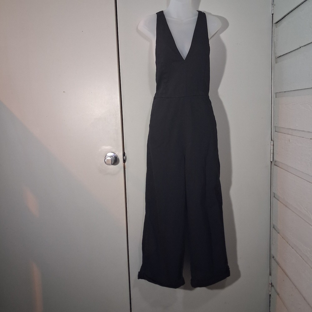 Zara TRF Collection Overalls Jumpsuit S Cross Strap Black Cotton Blend Wide Leg